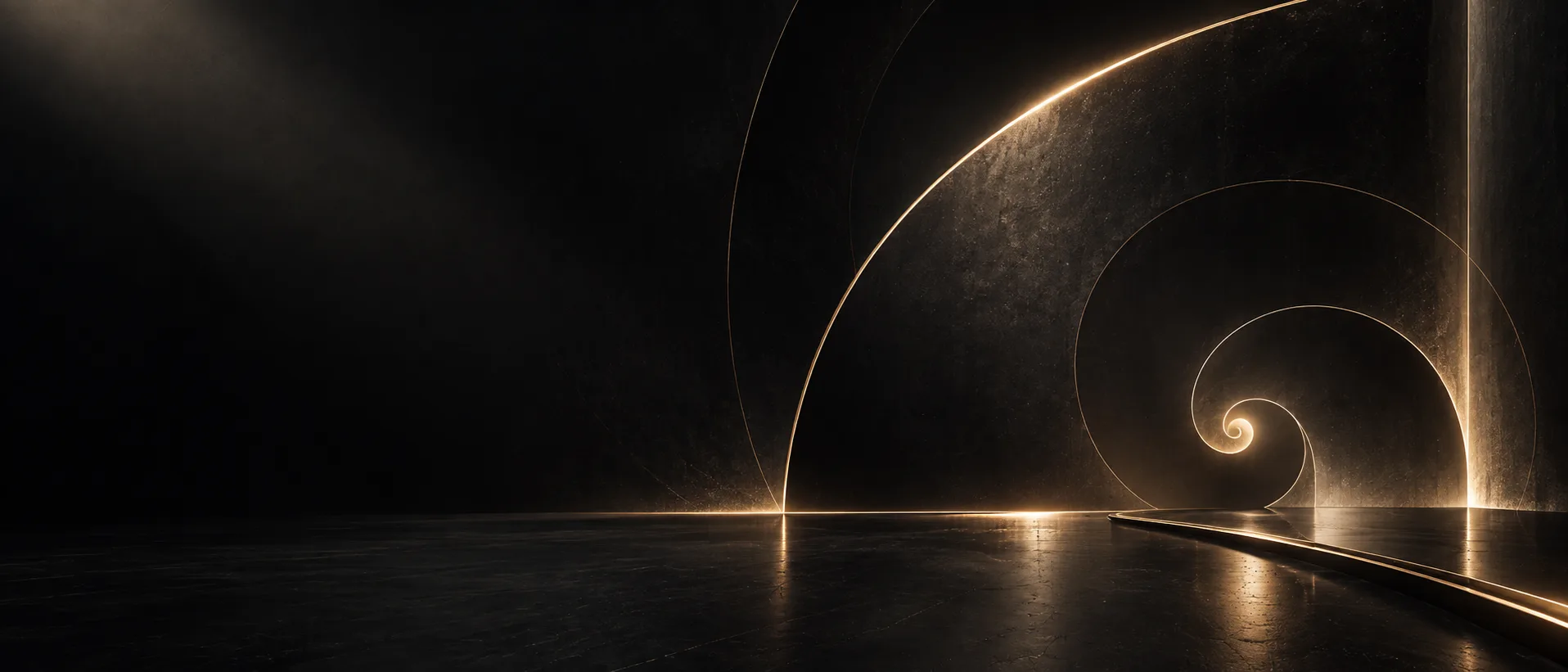 Abstract golden-ratio geometry in a dark architectural space